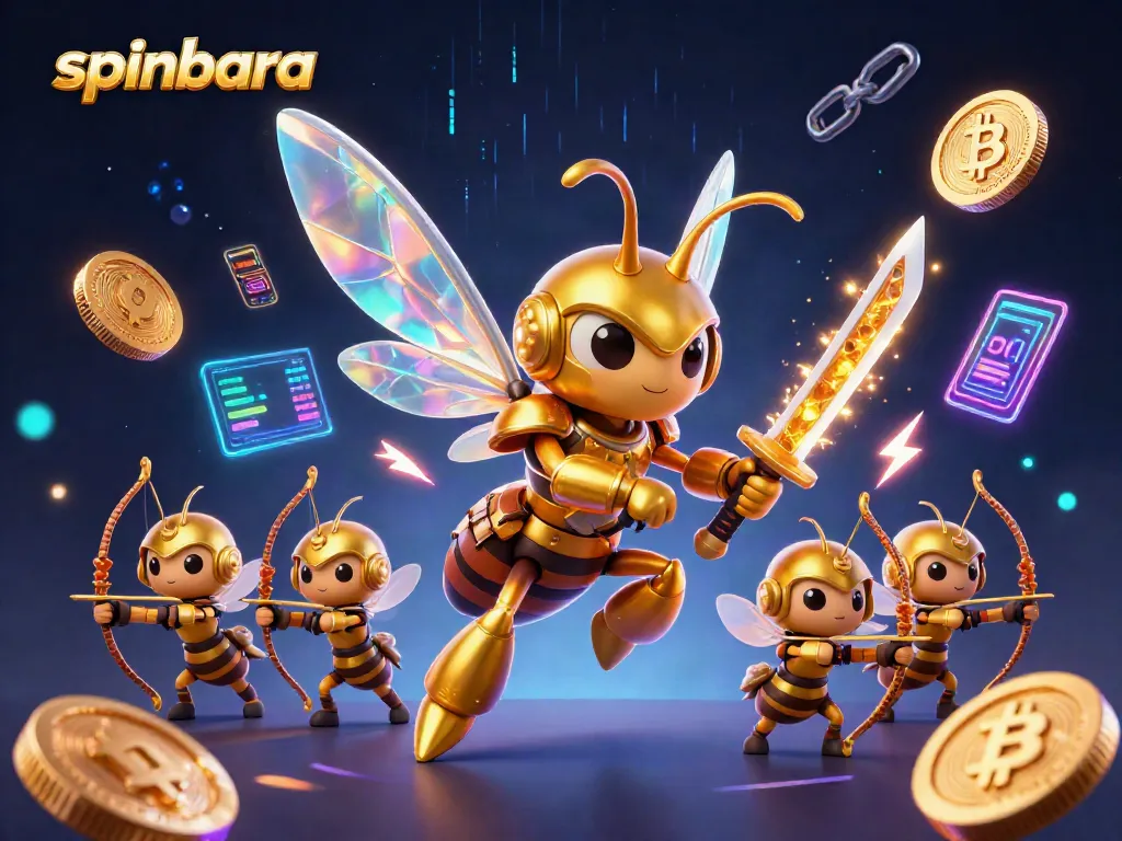 Spinbara's immersive gaming experience with a samurai hornet warrior and floating cryptocurrency elements.