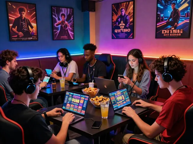 Engaged friends enjoying a gaming session on https://du88az.net/ in colorful lounge setting.