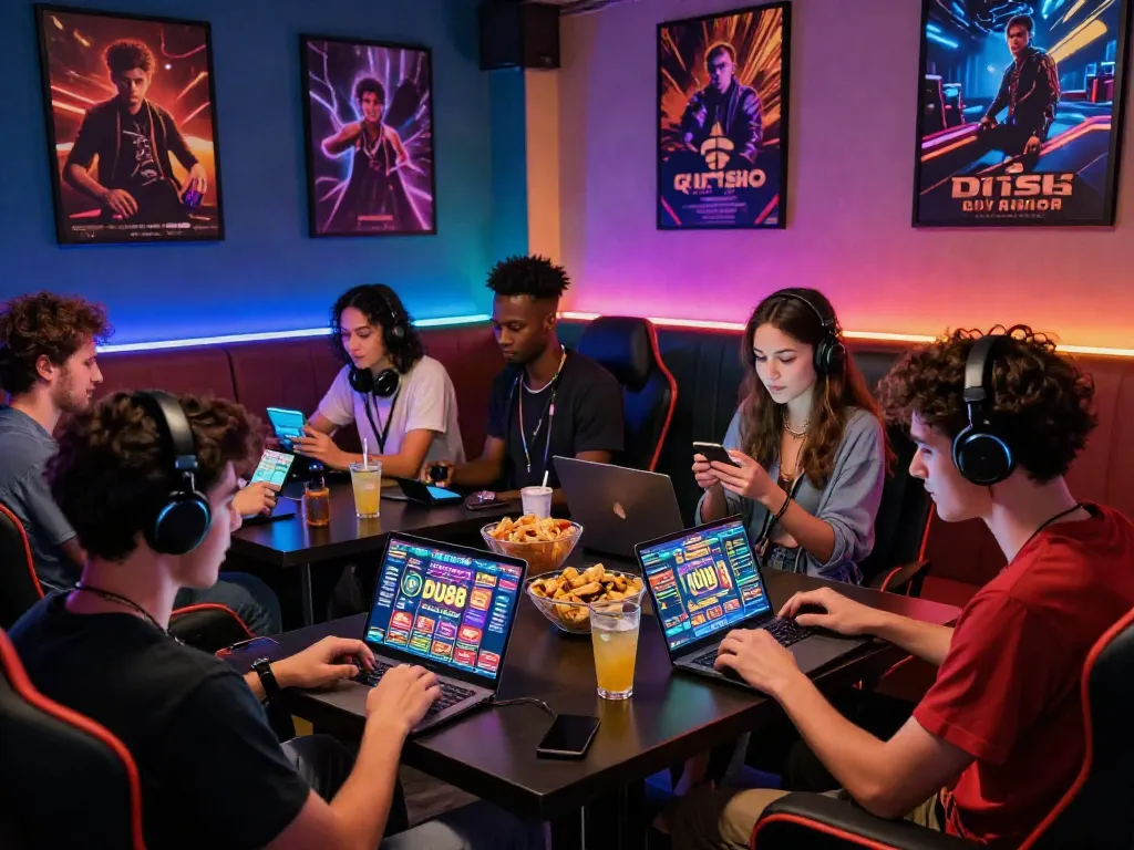 Engaged friends enjoying a gaming session on https://du88az.net/ in colorful lounge setting.