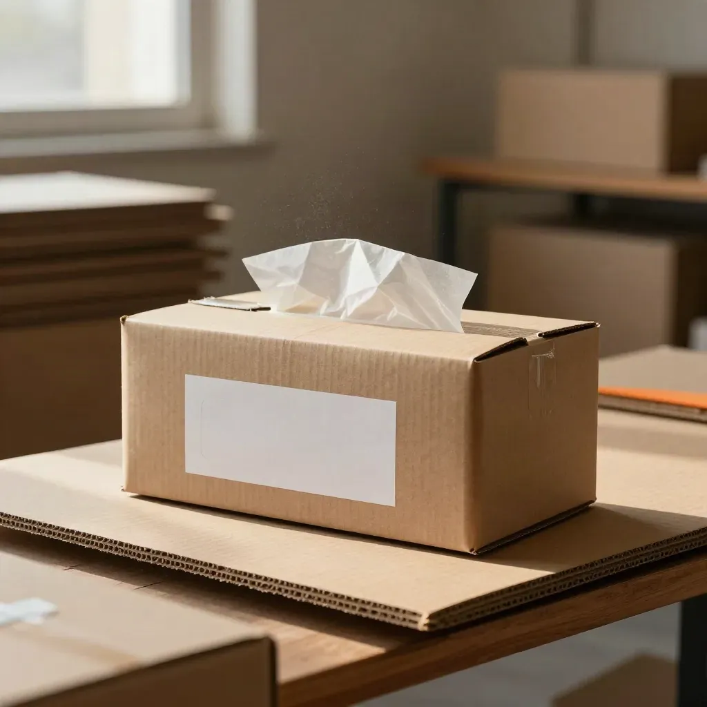 Caja plegada, etiqueta troquelada y papel seda sobre madera clara, vista baja y dinámica.