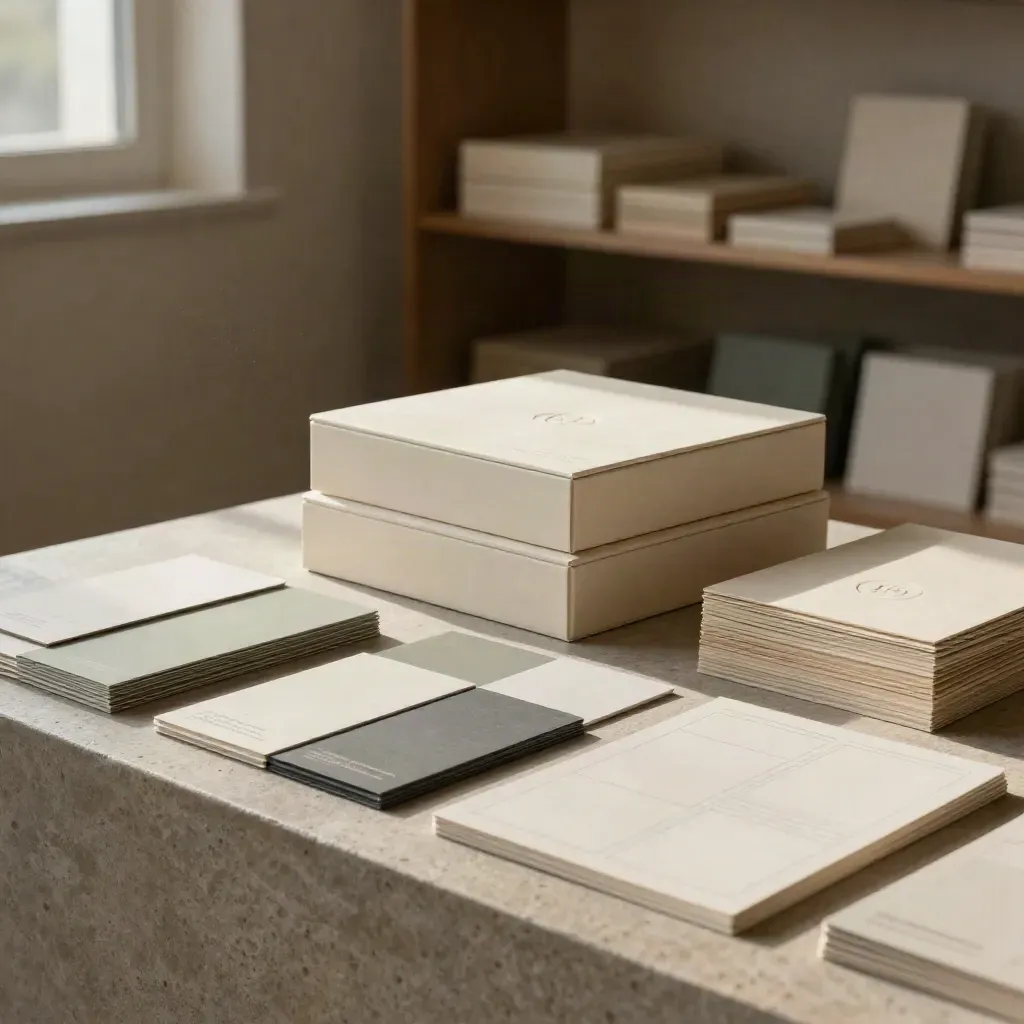 Bodegón de branding con cajas crema, papeles de packaging y maquetas gráficas en luz de mañana.