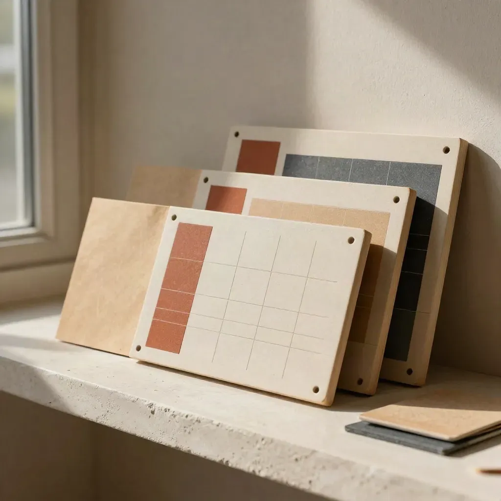 Tarjetas modulares con retículas abstractas sobre una repisa de yeso, en tonos crema y grafito.