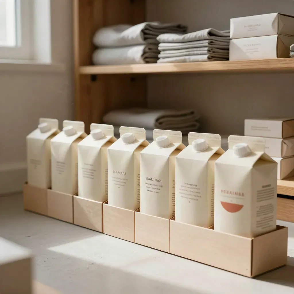 Cajas infantiles apiladas en una tienda tranquila, con papel seda y madera suave, luz cálida lateral.