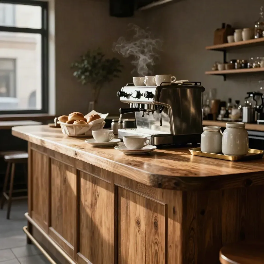 Barra de cafetería terminada con máquina espresso, tazas crema y panera de lino, en luz cálida.