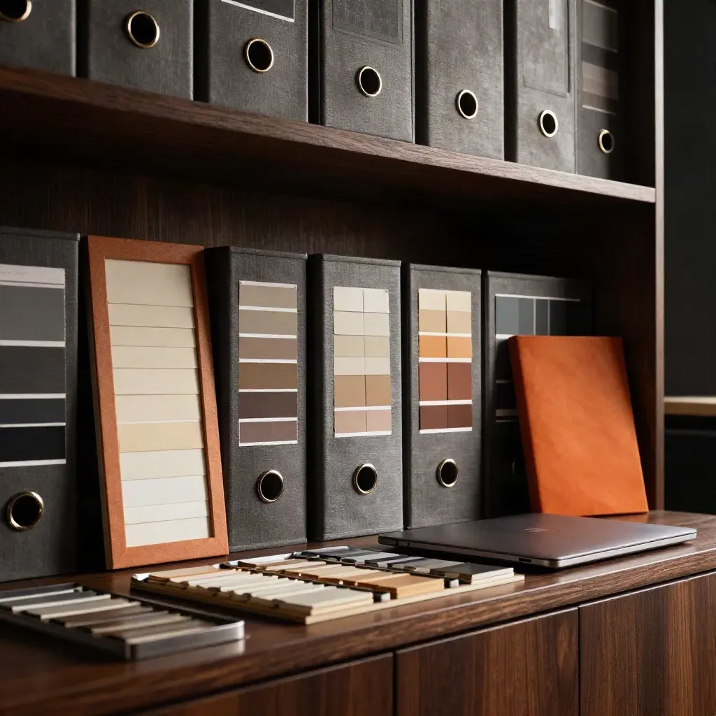 Estudio creativo con archivadores, muestras de color y portátil cerrado en luz dramática.