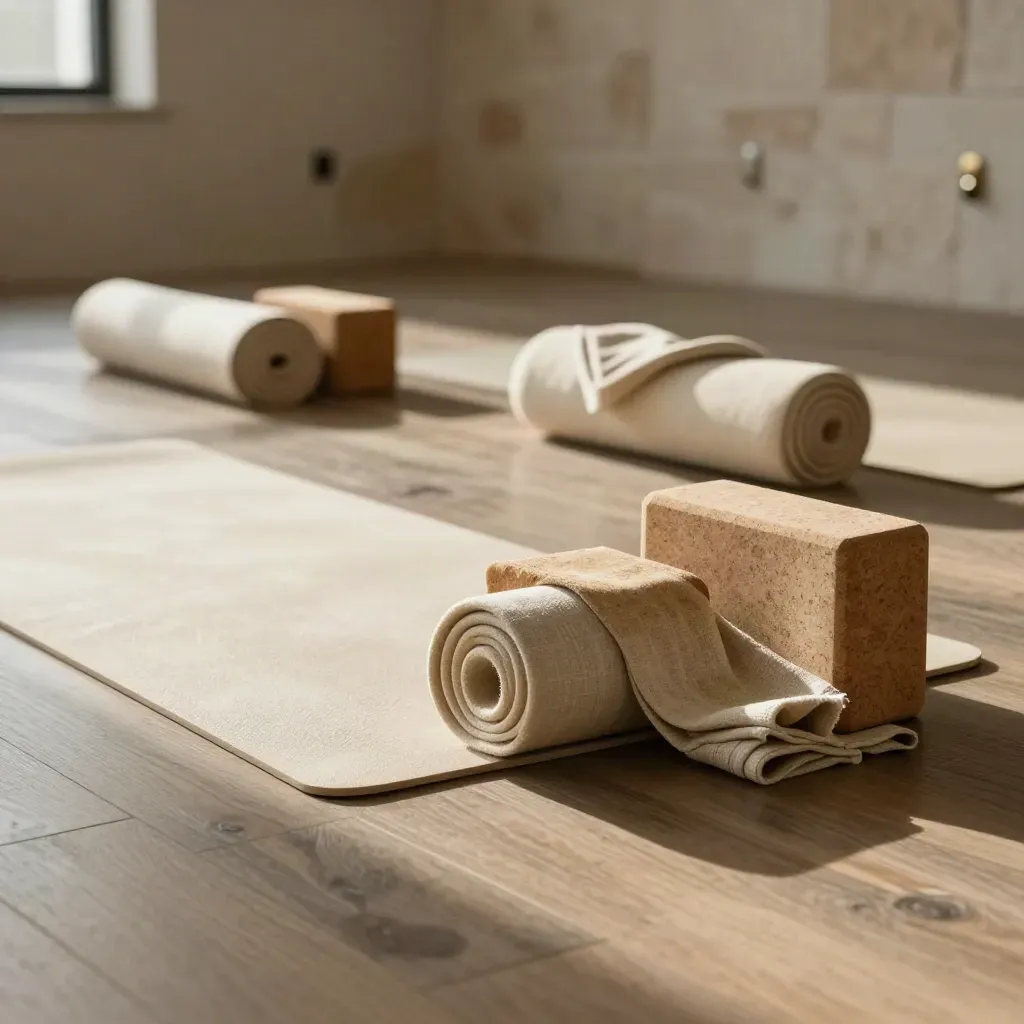 Sala de yoga vacía con esterillas, bloques de corcho y toallas de lino listas para empezar.