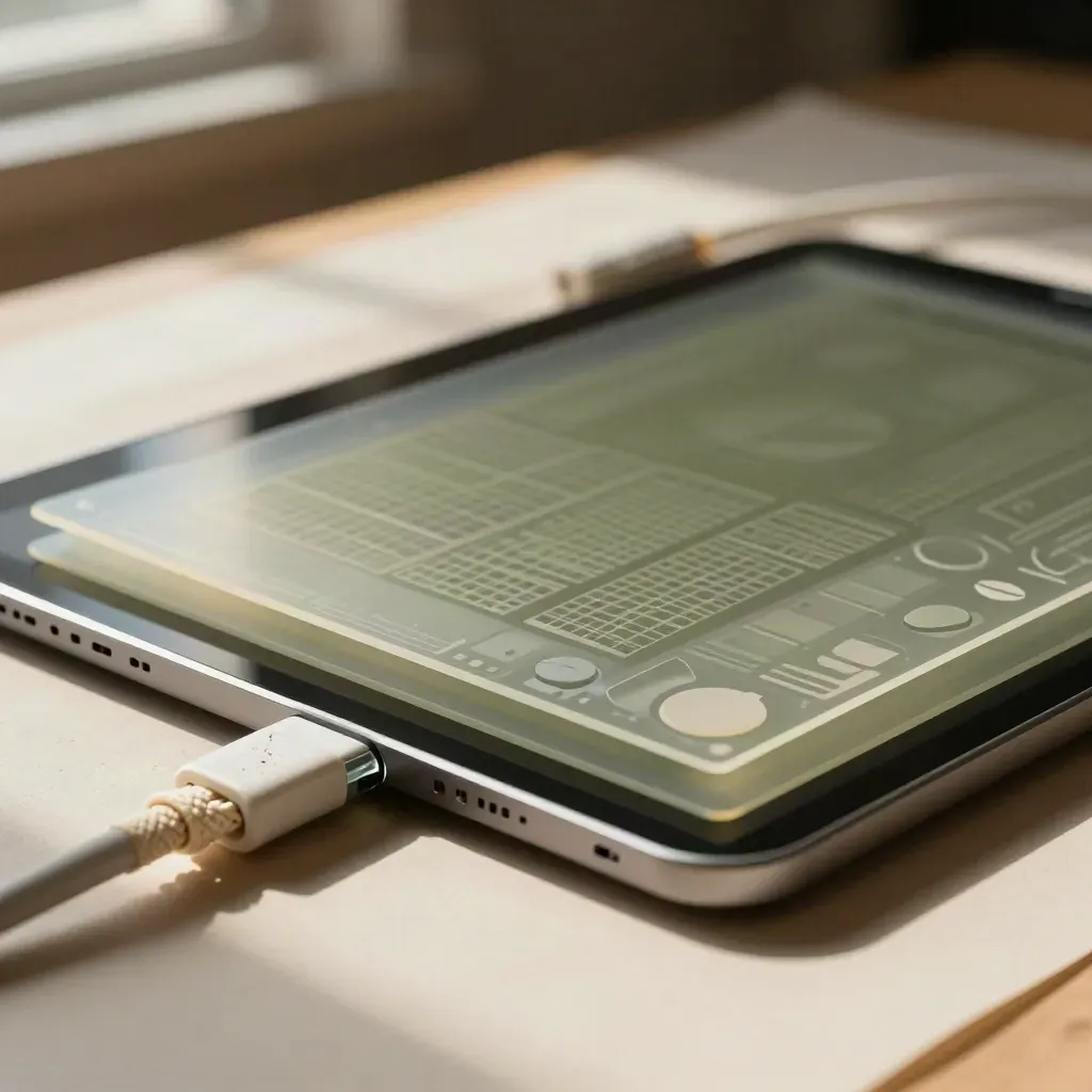 Tableta, acetatos de interfaz y cable trenzado sobre una mesa clara, en luz suave.