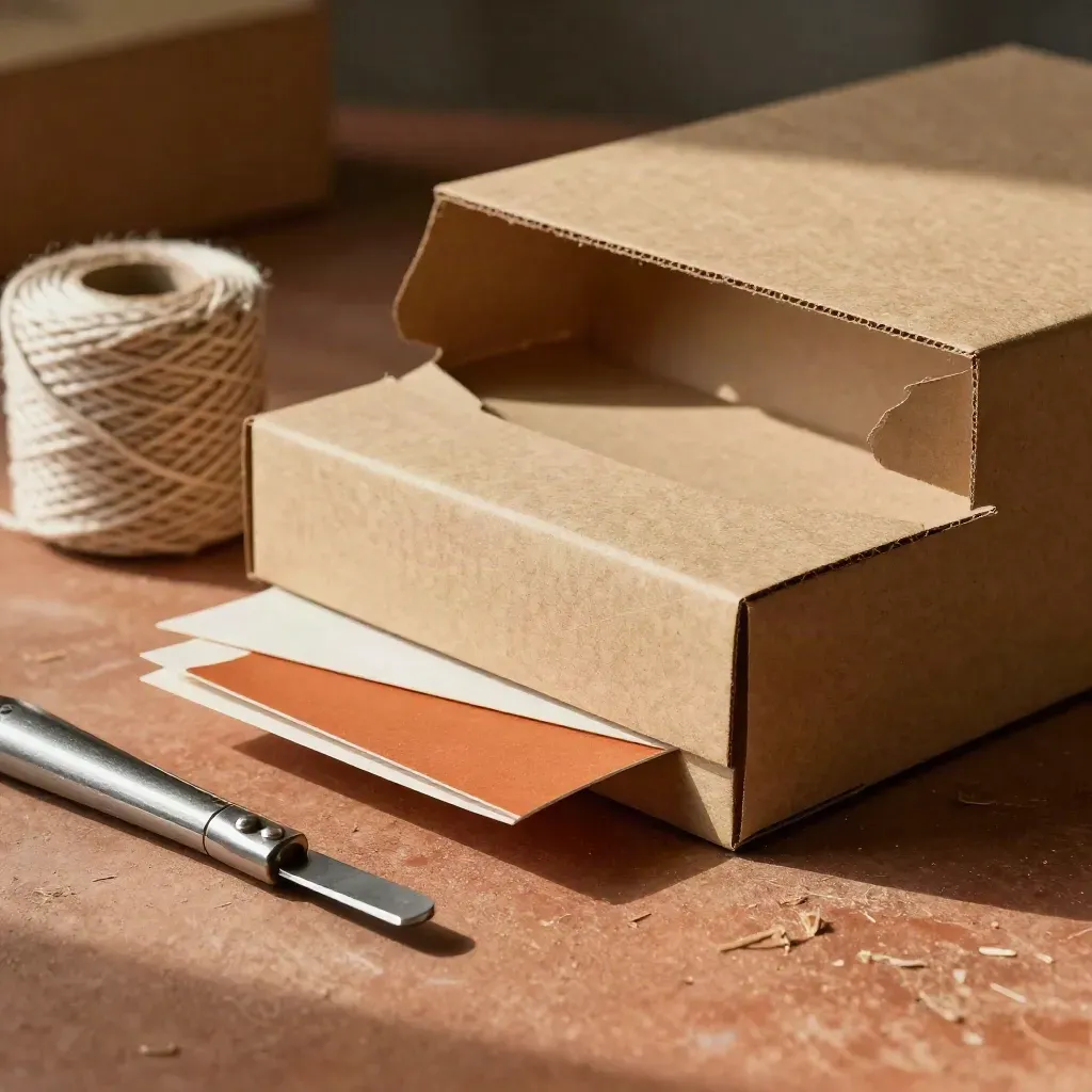 Maqueta de caja plegada, papel kraft, cordel y cuchilla sobre mesa de taller terracota