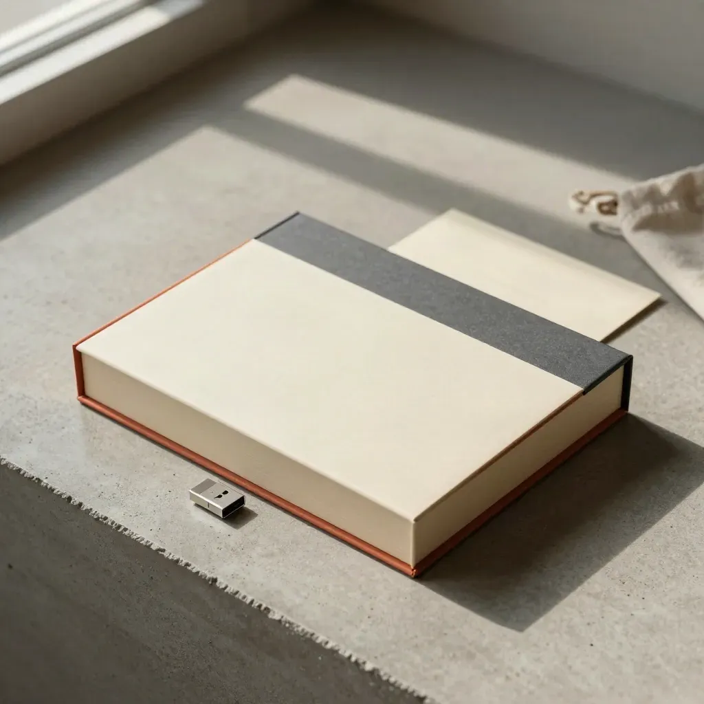 Caja rígida de entrega, sobre de archivo y USB minimalista sobre concreto gris con luz lateral cálida.
