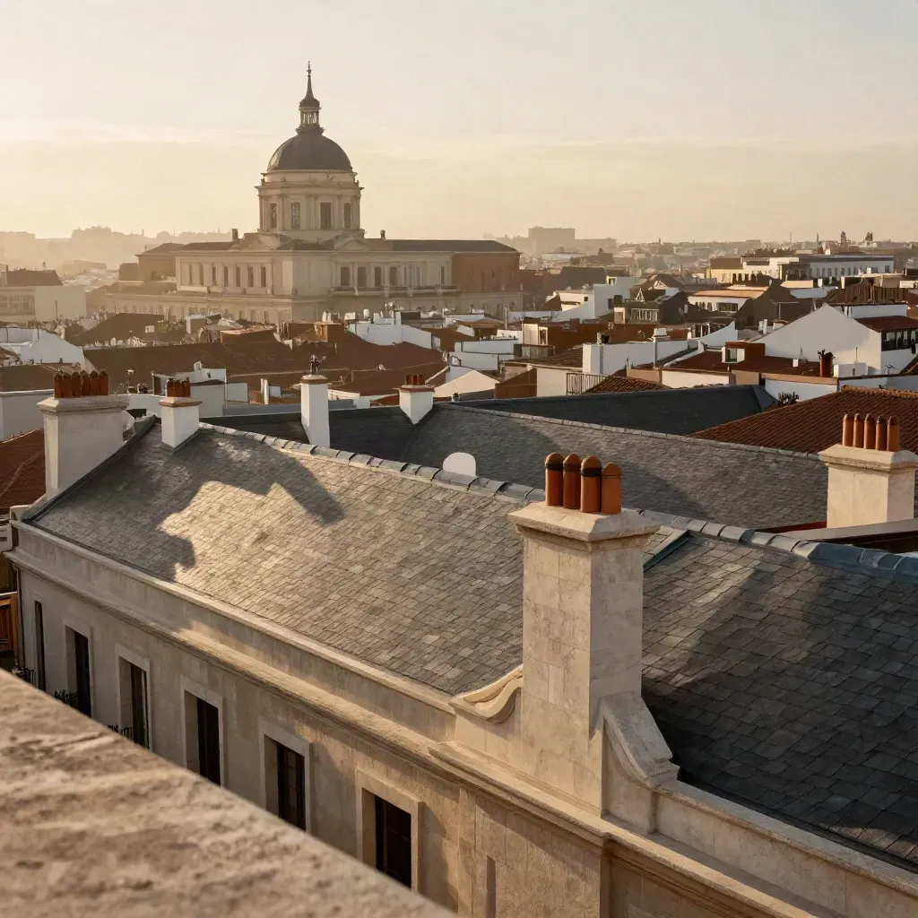 Vista amplia de Madrid Centro con tejados de pizarra, cúpula lejana y luz dorada con bruma.