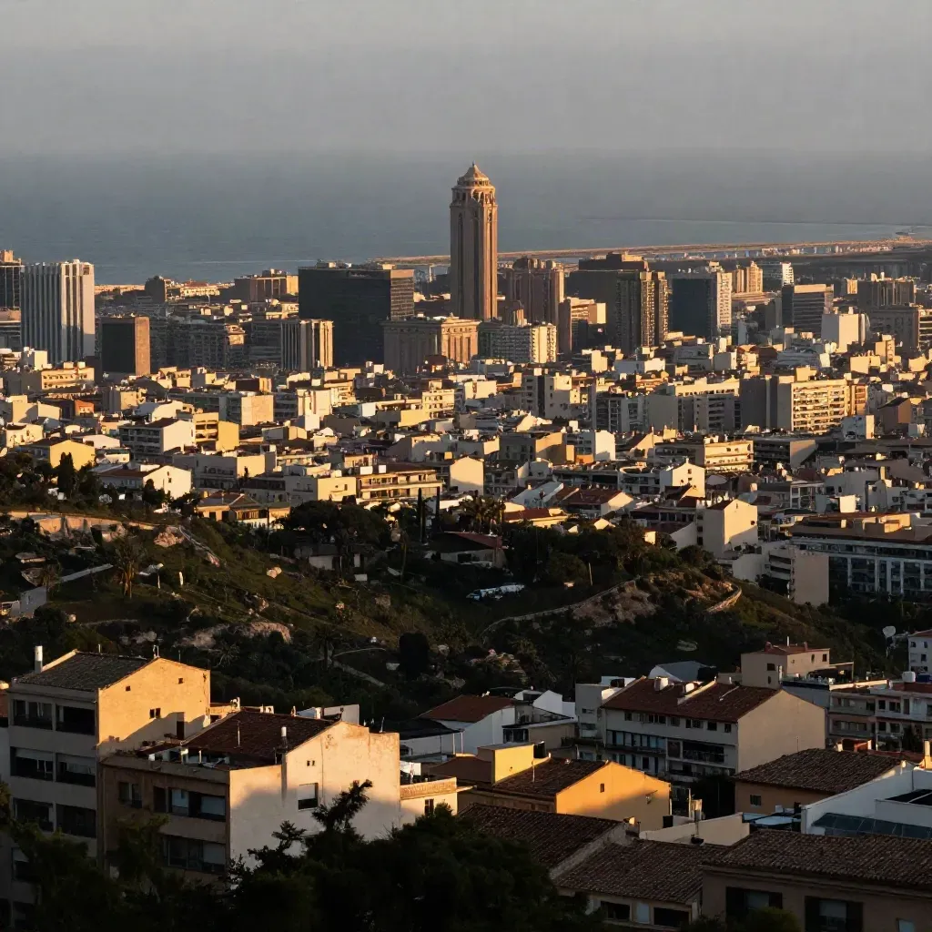 Barcelona y Cataluña al atardecer, vistas desde una loma con bruma dorada tras la lluvia.