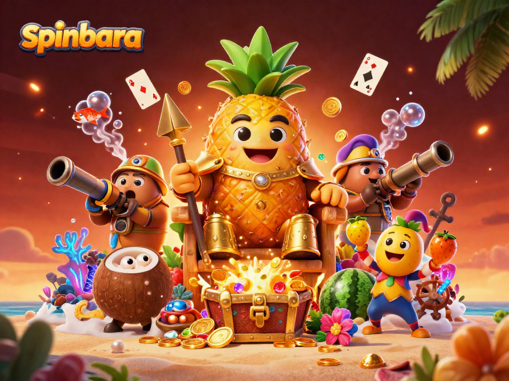 Experience the excitement of play with spinbara's unique casino-themed 3D illustration featuring vibrant characters.