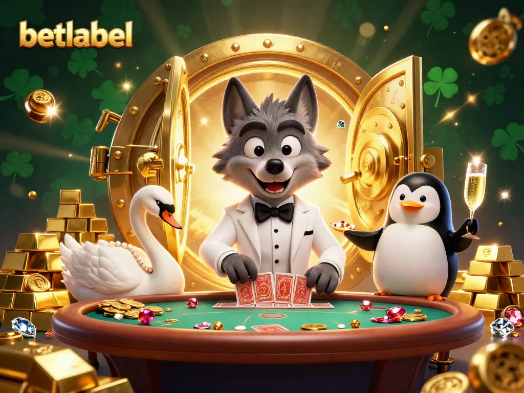 Experience baccarat with betlabel featuring a wolf dealer, swan dealer, and champagne-pouring penguin