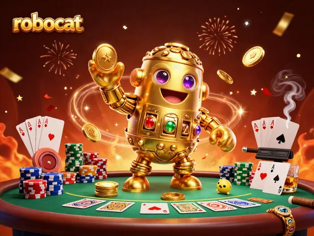 Engage with robocat as golden golem spins and celebrates poker victories at a dynamic gaming scene.
