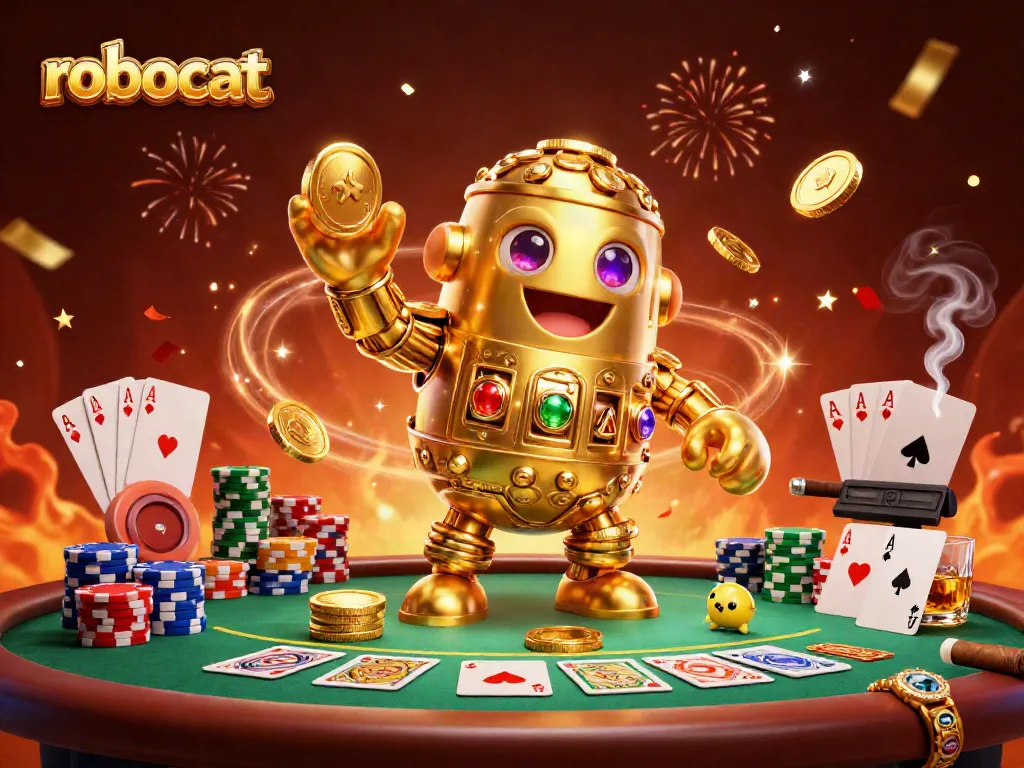 Engage with robocat as golden golem spins and celebrates poker victories at a dynamic gaming scene.