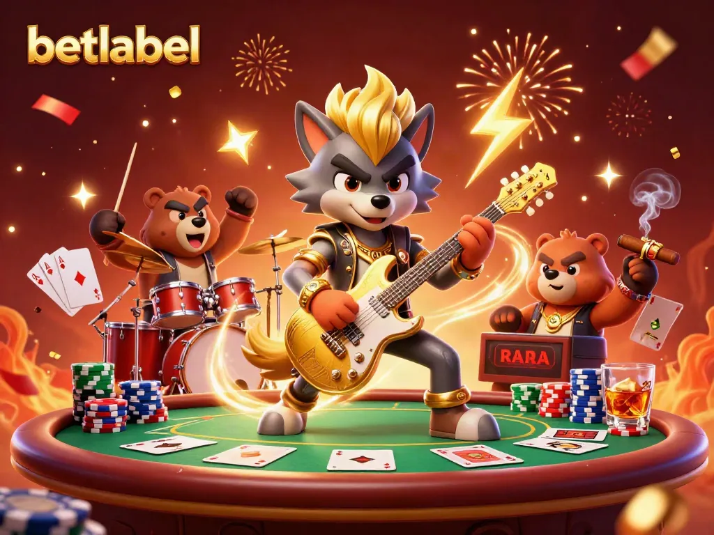 Experience thrilling poker action at betlabel with an electrifying 3D rock star wolf and vibrant casino elements.