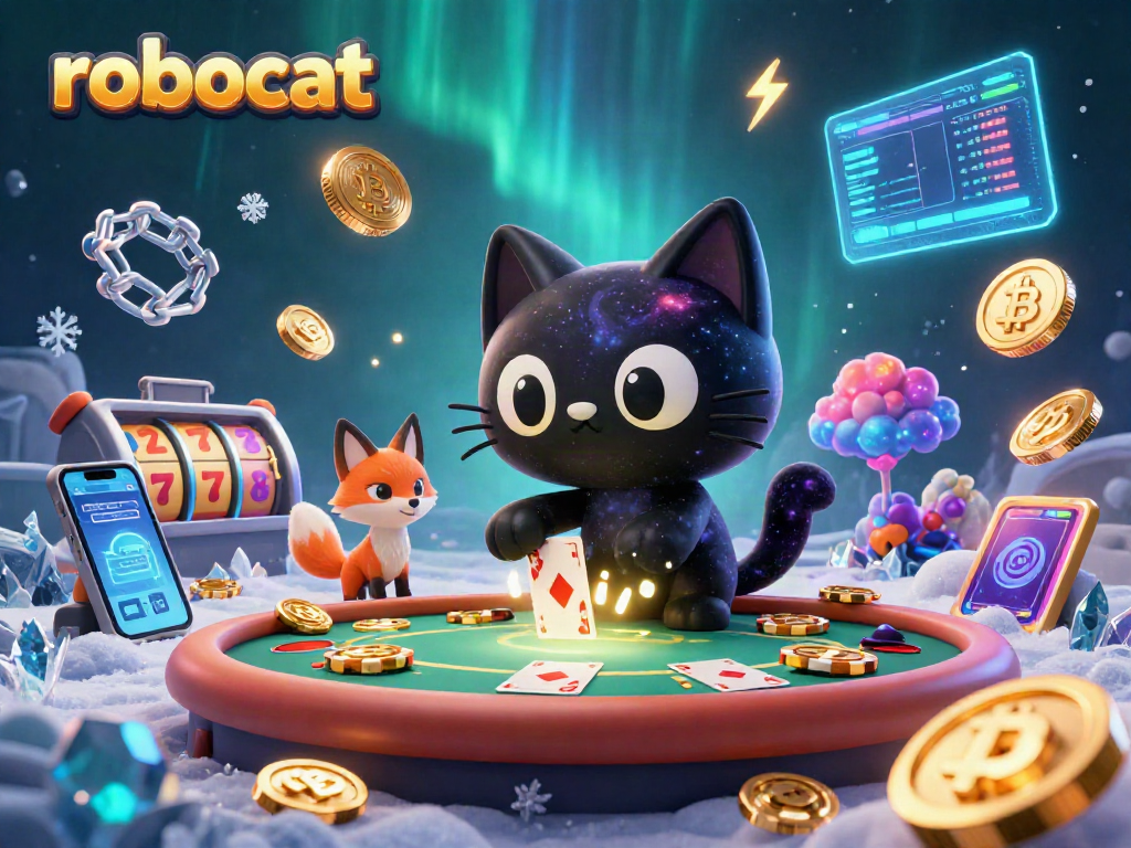Experience robocat's cosmic casino thrill with a captivating gaming scene filled with lights and action.